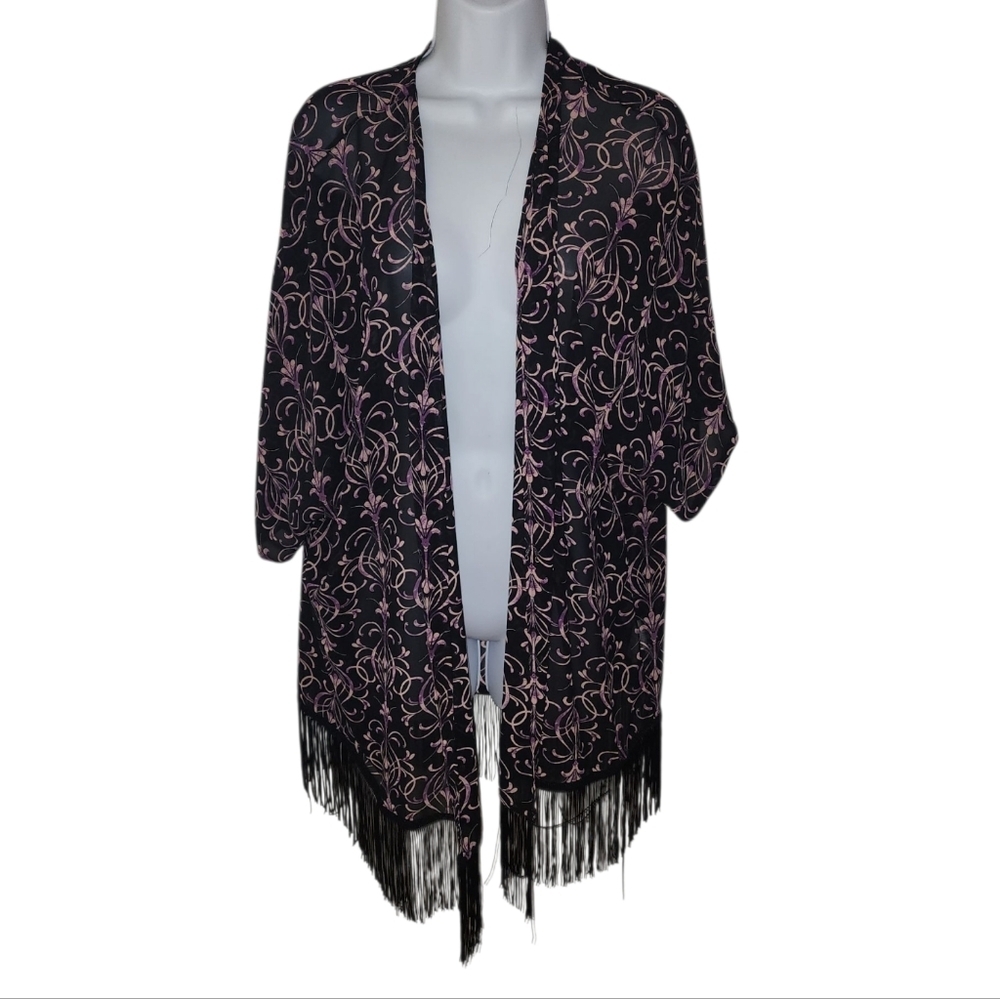 Michel Studio Swim Sheer Plus Kimono with Fringe Coverup - Women's